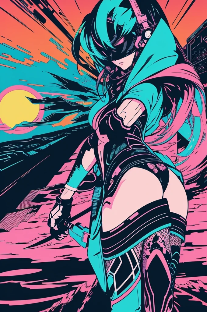 anime, girl, cute, cyber punk, colorful, ink paint Line art, Vector art, Bold, Glitch Art, Flat Color, Key Visual, Vibrant, Drafting, Line art, Minimalist, masterpiece, Crossing the sea towards the sunrise,