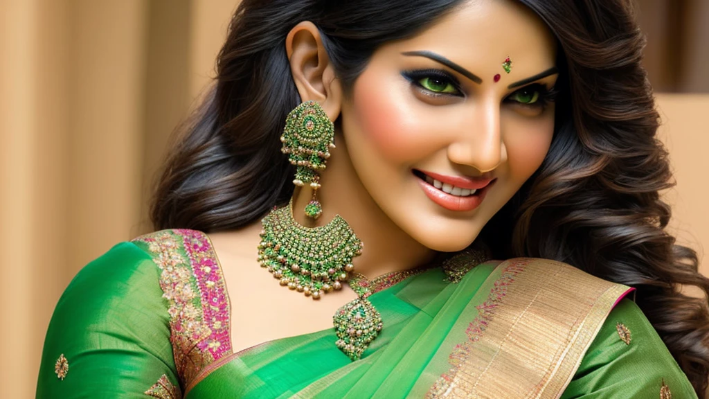 a close up of a woman in a green sari posing for a picture, indian, indian super model, indian goddess, very attractive and beautiful, sunny leone, very seductive pose, provocative indian, sexy movie photo, traditional beauty, dressed in a sari, very beautiful woman, sexy girl with dark complexion, gorgeous woman, wearing a sari, wearing sari, gorgeous figure