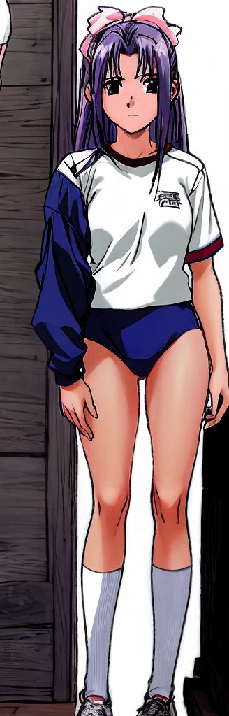 Momoko Koigakubo, a tall girl with beautiful legs, is standing with her legs spread to the sides in a white gym uniform and light navy blue bloomers that look like panties.。