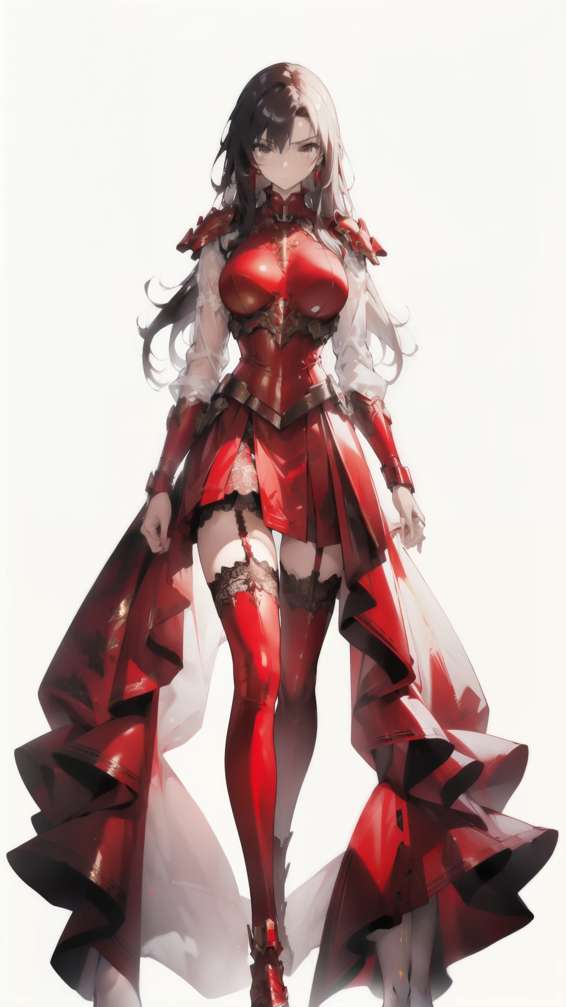 ((masterpiece, best quality)), Delicate face，Red priest in armored suit，whole body，Standing picture，Long legs，natural breast，Perfect body proportions，Pretty golden eyes，Extremely beautiful，transparent， Pure white background，sexly_比基尼，Lace，Garter stockings