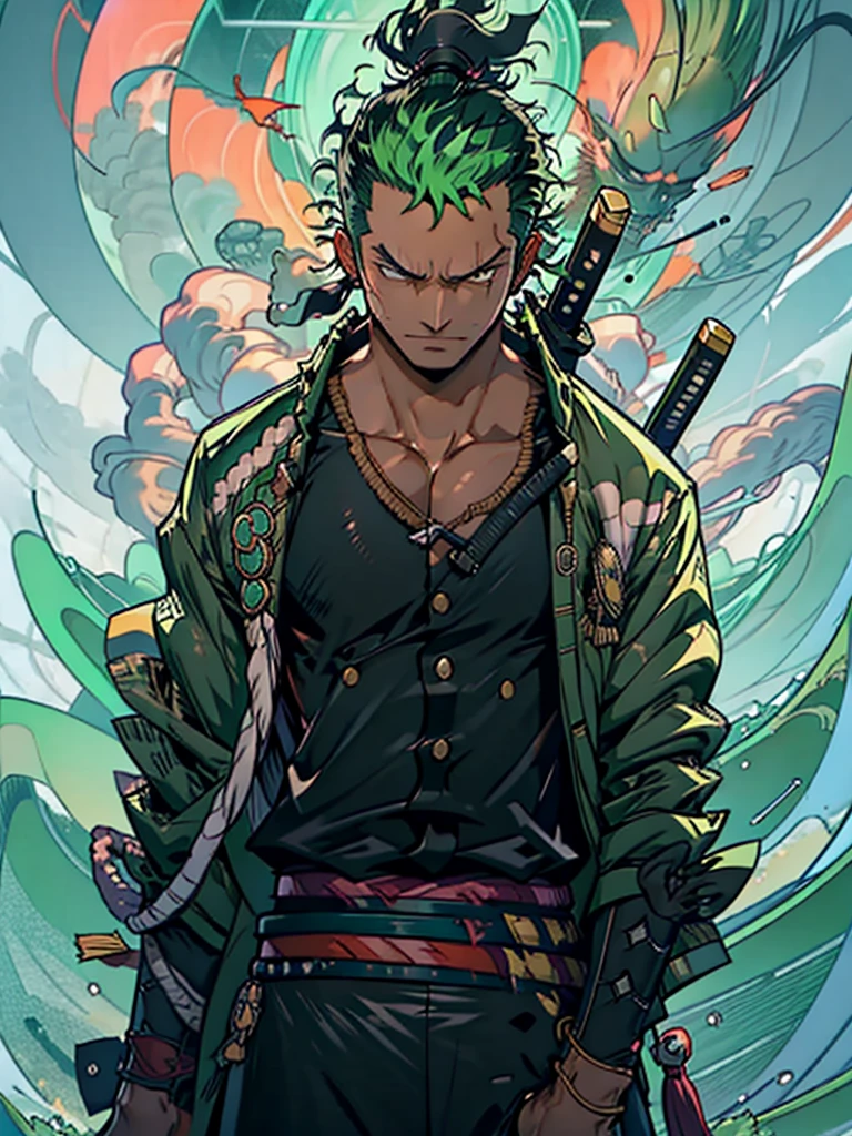 rORONOA Zoro DO ANIME "(ONE PEACE",) standing alone, Looking at Viewer, short hair, long sleeves, , GREEN PIRATE suit jacket, upperbody, missiles, male focus, Japanese clothing, green haired, wHater, WAVES, from sideways, scar on left eye, scabbard, scar on the face, Emscabbarddos, (slicked back hair)