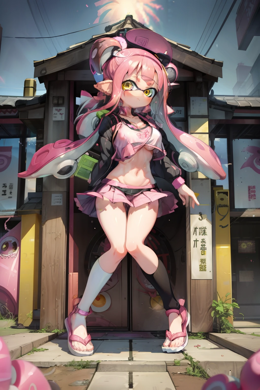 One Splatoon girl、AS-Adult、Laughter、(Tsundere)、Golden Eyes、blush、Pink twin-tail tentacle hair、shirt、Skirt、((Huge boobs、Cleavage))、Chirarizum、((Japanese high school uniform))、Seraphim、Summer clothes、(See-through bra)、Full body portrait、Real Anime、3d、school、In front of the school gate、