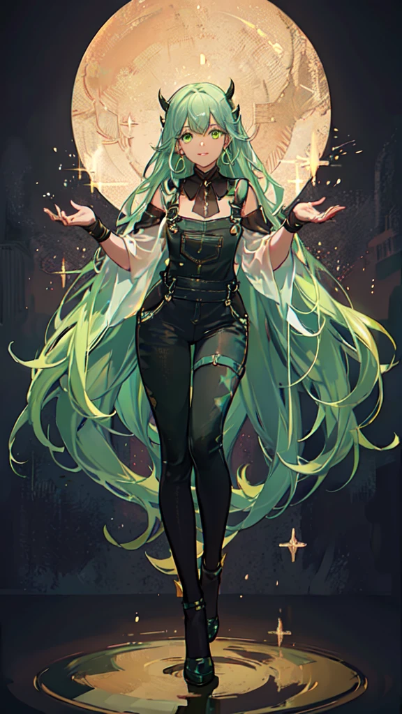 masterpiece, best quality,1girl, ((young girl)), ((large round magical green eyes)), shiny skin, (thin waist), (long curlly green hair), ((curvy)), ((wide hips)), ((hoop earrings)), ((small size)) , ((( yellow overalls))), hot, soft natural lighting, reflections, bright illuminations, deep dark black skin, ((yellow outfit)), full body