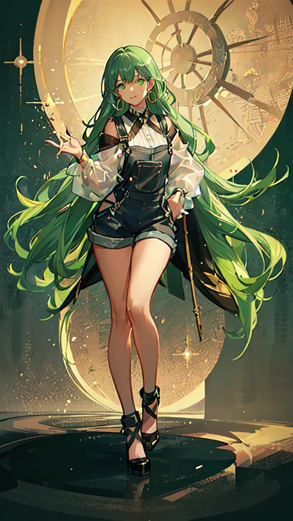 masterpiece, best quality,1girl, ((young girl)), ((large round magical green eyes)), shiny skin, (thin waist), (long curlly green hair), ((curvy)), ((wide hips)), ((hoop earrings)), ((small size)) , ((( yellow overalls))), hot, soft natural lighting, reflections, bright illuminations, deep dark black skin, ((yellow outfit)), full body