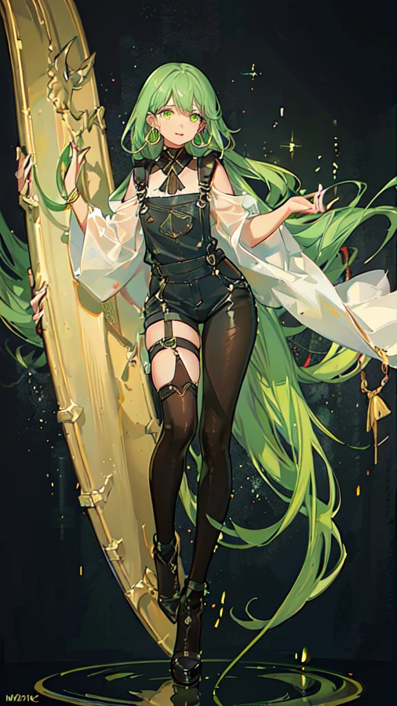 masterpiece, best quality,1girl, ((young girl)), ((large round magical green eyes)), shiny skin, (thin waist), (long curlly green hair), ((curvy)), ((wide hips)), ((hoop earrings)), ((small size)) , ((( yellow overalls))), hot, soft natural lighting, reflections, bright illuminations, deep dark black skin, ((yellow outfit)), full body