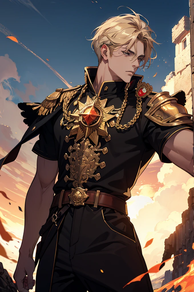 (absurdres, highres, ultra detailed), 1 male, adult, handsome, tall muscular guy, broad shoulders, finely detailed eyes and detailed face, fantasy, dark theme, cinematic lighting, colorful, portrait, giant sun, cloudy sky, apollo, sun, light, dutch angle,side profile, cowboy shot, golden hair, burning, golden flames, white and red uniform, short hair, standing in front of sun
