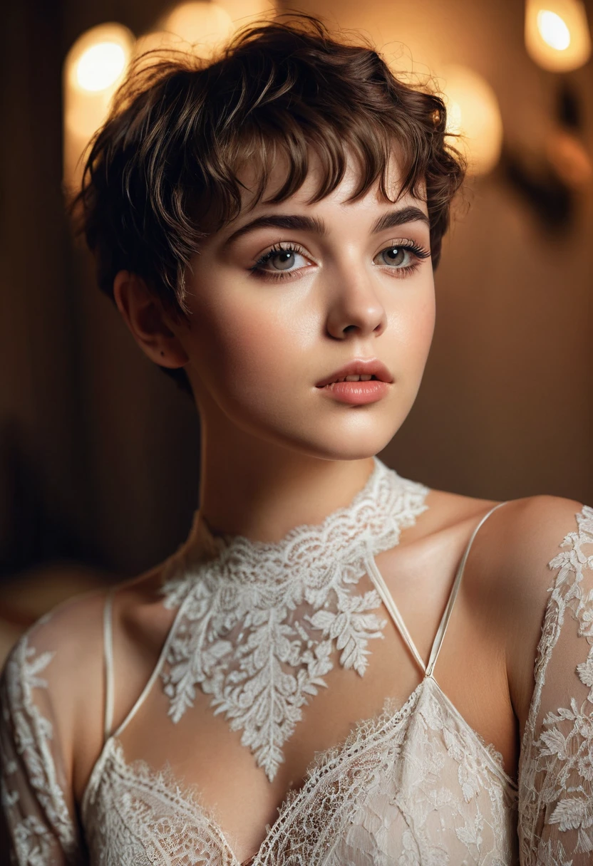 half body portrait, a beautiful 20-year-old model, pixie cut hair, lace nightgown, fashion photography, beautiful detailed eyes, beautiful detailed lips, extremely detailed face and eyes, long eyelashes, elegant pose, soft lighting, warm color tones, high contrast, dramatic shadows, cinematic, photorealistic, 8k, best quality, hyper detailed