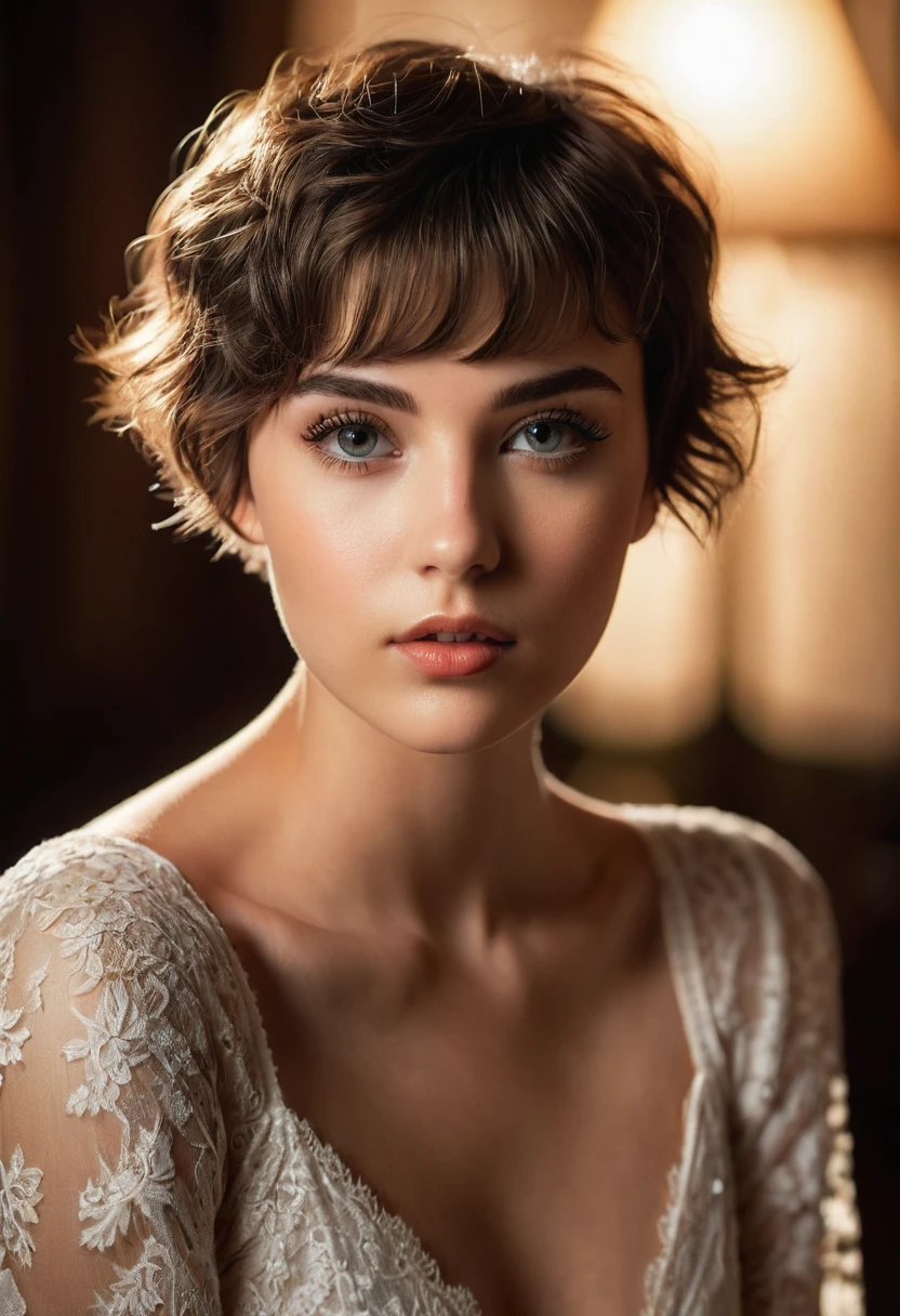 half body portrait, a beautiful 20-year-old model, pixie cut hair, lace nightgown, fashion photography, beautiful detailed eyes, beautiful detailed lips, extremely detailed face and eyes, long eyelashes, elegant pose, soft lighting, warm color tones, high contrast, dramatic shadows, cinematic, photorealistic, 8k, best quality, hyper detailed