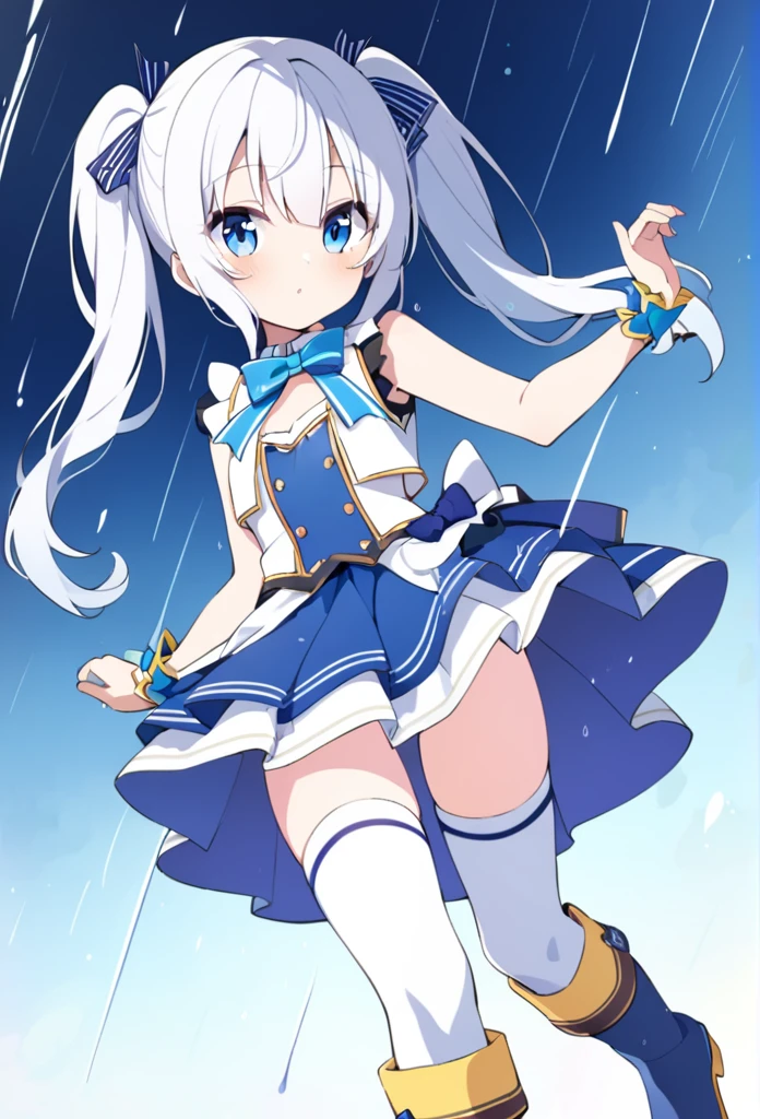 1 girl, cute, young, white hair, twintail, blue eyes, idol costume, thigh high, rain boots,