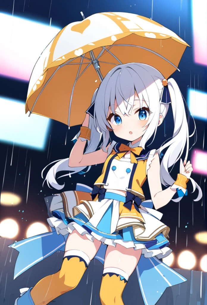 1 girl, cute, young, white hair, twintail, blue eyes, idol costume, thigh high, rain boots,