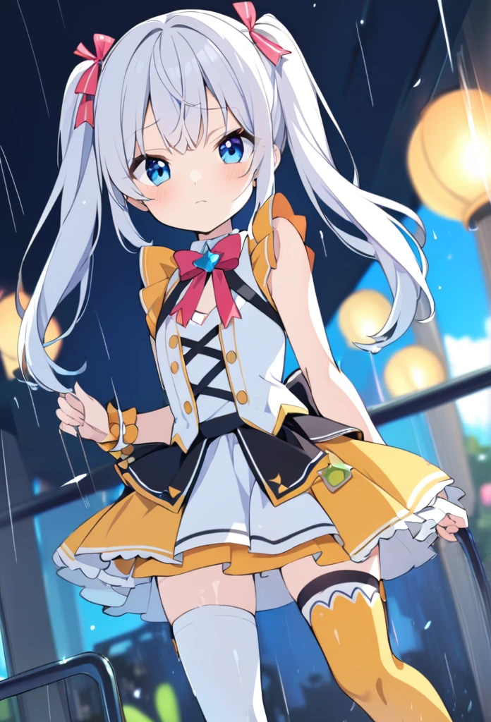 1 girl, cute, young, white hair, twintail, blue eyes, idol costume, thigh high, rain boots,