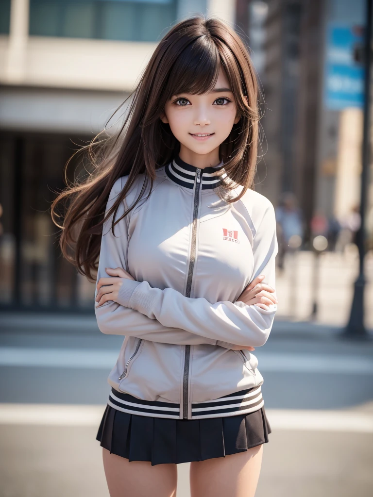 (8K, RAW Photos, Highest quality, masterpiece:1.2), (Realistic, photo-Realistic:1.4), (Highly detailed 8K wallpapers), ((Full Body Shot)), (1 girl), Sharp focus, Depth of written boundary, Cinematic lighting, Soft Light, 緻密な美しさのeye, eye_Chan, Very beautiful 17 year old girl, innocent big eyes, Realistic, photo Realistic, Highly detailed cute girl, (Thin thighs), (Model Body Type), 18-year-old, ((Track jacket)), (Micro Mini Tight Skirt), (((Fold your arms in front of your chest and act arrogantly))), ((A happy smile)), Parted lips, Watching the audience, (On the streets of New York) , (Brown Hair),(Long Bob Hair), (Asymmetrical bangs)