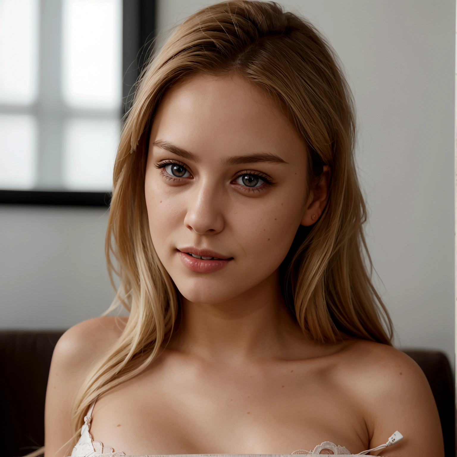 cute beautiful blonde, wearing a psg shirt, perfect angle, very detailed, 21 years old, firty face, messy long hair, Brown eyes, high-res, masterpiece, best quality, intricate, highly detailed, sharp focus, detailed skin, realistic skin, skin texture, texture, detailed eyes, Professional, 4k, smile, shot on Canon, 85mm, shallow depth of field, kodak vision color, photorealistic, white bra, 4k res