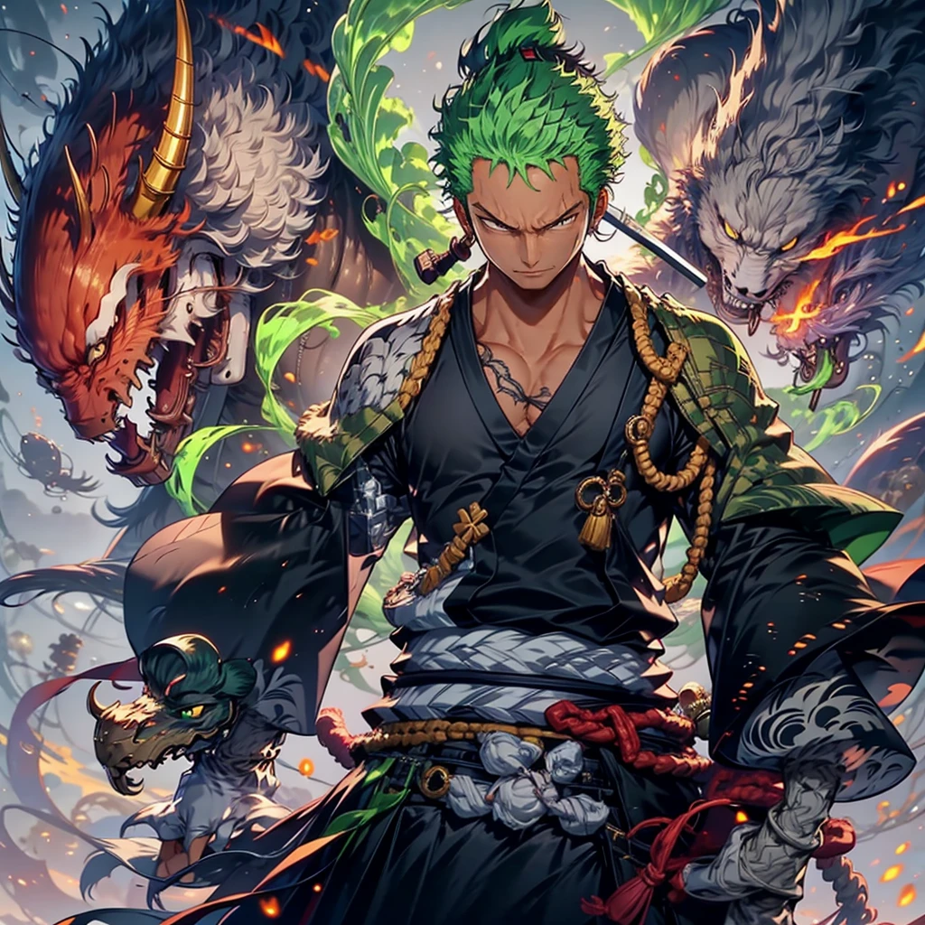 Zoro, standing alone, Looking at Viewer, sorrido, short hair, Eyes red, class 1, holding, jewelry, upperbody, missiles, male focus, aretes, Japanese clothing, green haired, antlers, elsword, kimono, segurando missiles , from sideways, tatoo, Ablaze, cicatriz, segurando elsword, katana, scar on the face, scar on eye, Detailed muscle physics, photorealistic representation, 4k resolution. The dark background has a green fire effect