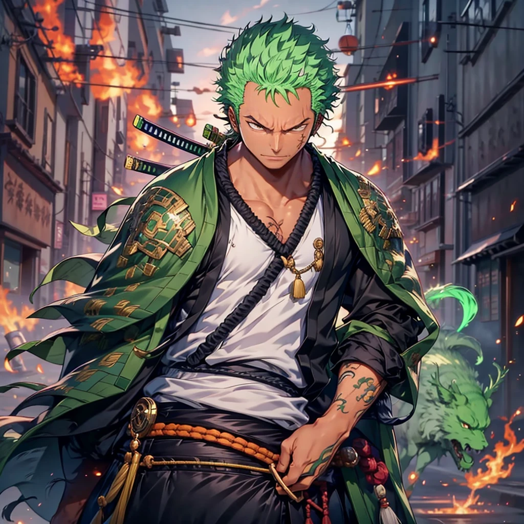 Zoro, standing alone, Looking at Viewer, sorrido, short hair, Eyes red, class 1, holding, jewelry, upperbody, missiles, male focus, aretes, Japanese clothing, green haired, antlers, elsword, kimono, segurando missiles , from sideways, tatoo, Ablaze, cicatriz, segurando elsword, katana, scar on the face, scar on eye, Detailed muscle physics, photorealistic representation, 4k resolution. The dark background has a green fire effect