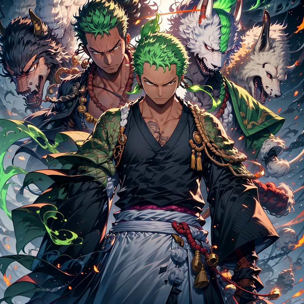 Zoro, standing alone, Looking at Viewer, sorrido, short hair, Eyes red, class 1, holding, jewelry, upperbody, missiles, male focus, aretes, Japanese clothing, green haired, antlers, elsword, kimono, segurando missiles , from sideways, tatoo, Ablaze, cicatriz, segurando elsword, katana, scar on the face, scar on eye, Detailed muscle physics, photorealistic representation, 4k resolution. The dark background has a green fire effect