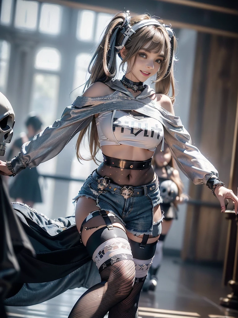 (Full Body View:1.3)、(Beautiful lips and nose:1.ide view:1.1)、(Sg with teeth showing:1.3),(Fashion Model:1.5)、(Gothic Lolita dely decorated battle uniform:1.5)、(White off-shoulder hoodie:1.5)、(Black, silver and white shorts:1.4)、(denim garter belt:1.5)、(Black and denim knee socks:1.3)、(Skull Silverssories:1.5)、(Lace collar:1.3)、(Brown Skin Belt:1.4)、(Brown boots:1.2)、(Underwear has polka dots:1.4)、23 years old、((Highest quality、In 8K、masterpiece:1.3))、Sharp focus:1.2、(ed Cut、Huge boobs:1.1),Beautiful woman perfect figure:1.4、(Dancing vigorously:1.3)、Slender Abs:1.2、Highly detaiface and skin texture、Detailed eyes、double eyelid,(Twin tails:1.3)、(Brown-golden hair:1.3)、Gravure idol、(The background is a luxurious dance hall.:1.3)、(Slim body:1.2),(Make your legs er:1.4),(clavicle:1.1)