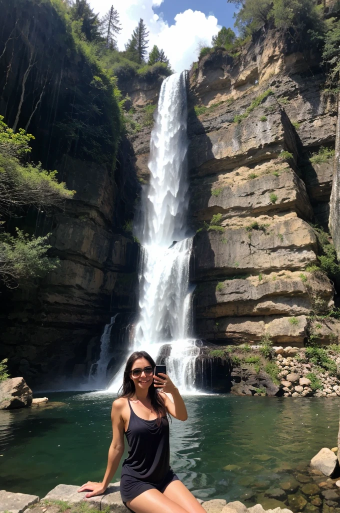 pic of a beautiful Italian woman making a selfie with a waterfall behind