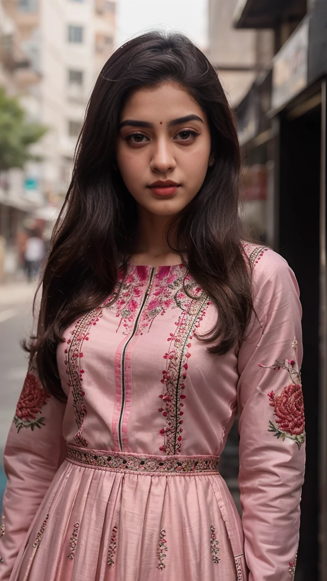 A beautiful young woman, Ananya Pandey wearing embroidery printed anarkali suit Pink , perfect anatomy, ultra detailed face and eyes, ultra sharp HDR, realistic realism, 8k