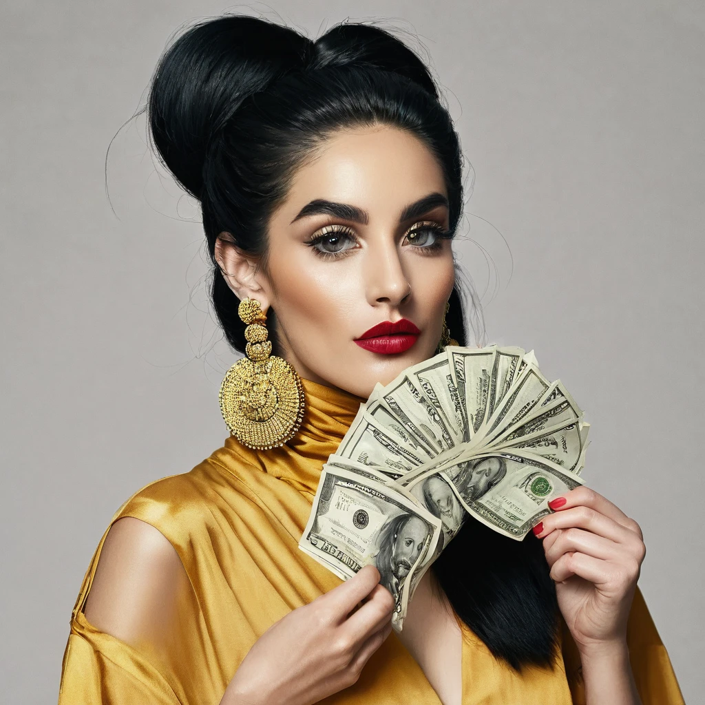 white woman, small facial hair, big nose, makeup, black hair tied back, wears huge shaggy, thick and neat beard, black eyes, seductive and proud look, large golden earrings, holds dollar bills