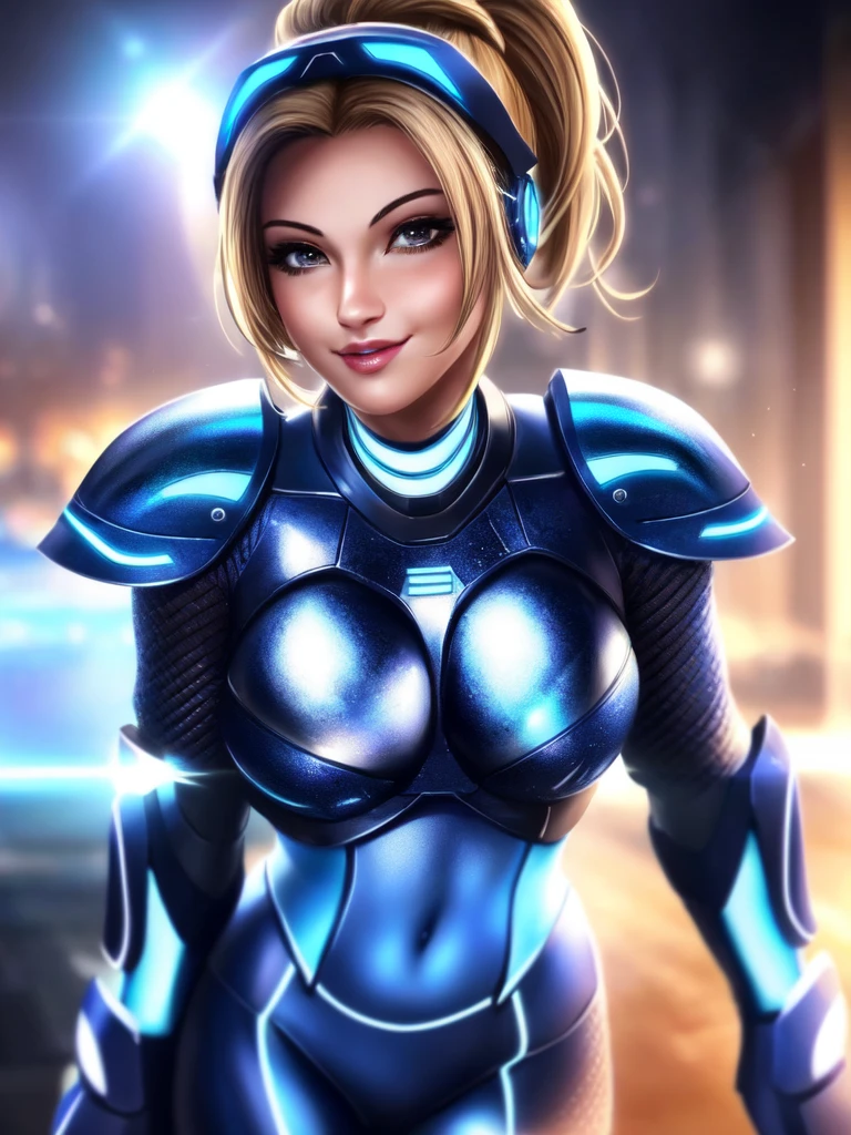 beautiful, masterpiece, best quality,perfect lighting,  NovaV2, 1girl, solo, bodysuit, armor, headgear, wink, smirk, looking at viewer, realistic, shiny,