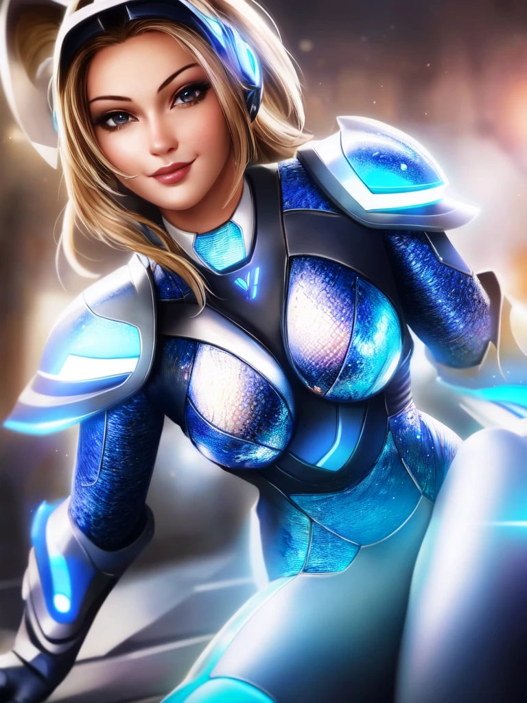 beautiful, masterpiece, best quality,perfect lighting,  NovaV2, 1girl, solo, bodysuit, armor, headgear, wink, smirk, looking at viewer, realistic, shiny,