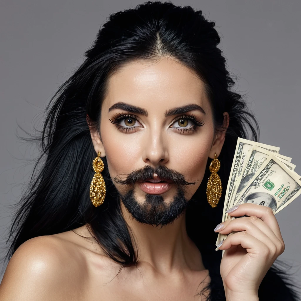 white woman, small facial hair, big nose, makeup, black hair tied back, wears huge shaggy, thick and neat beard, black eyes, seductive and proud look, large golden earrings, holds dollar bills