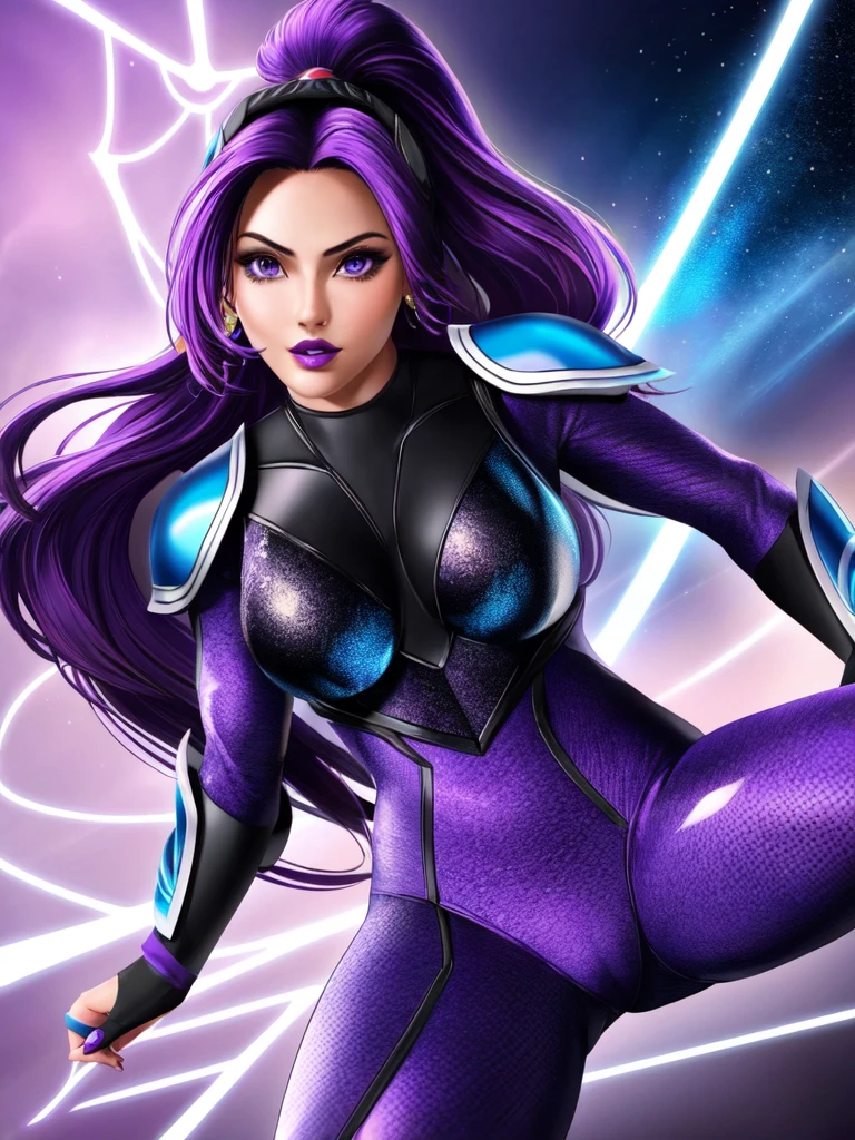 Spid3rxPsylocke, 1girl, solo, long hair, purple eyes, purple hair, armor, bodysuit, purple lips, spider (symbol)
