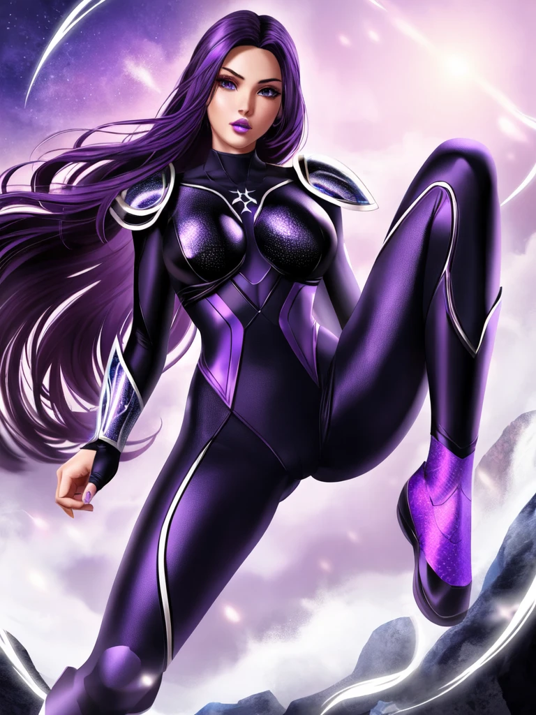 Spid3rxPsylocke, 1girl, solo, long hair, purple eyes, purple hair, armor, bodysuit, purple lips, spider (symbol)
