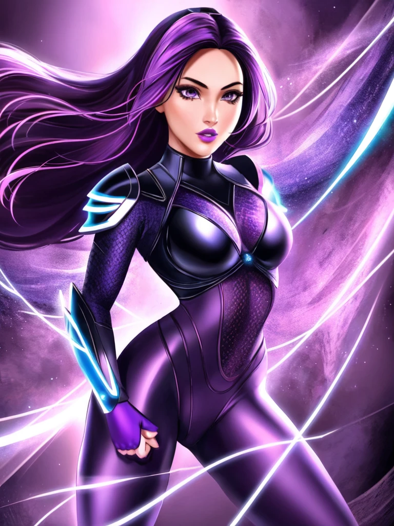 Spid3rxPsylocke, 1girl, solo, long hair, purple eyes, purple hair, armor, bodysuit, purple lips, spider (symbol)
