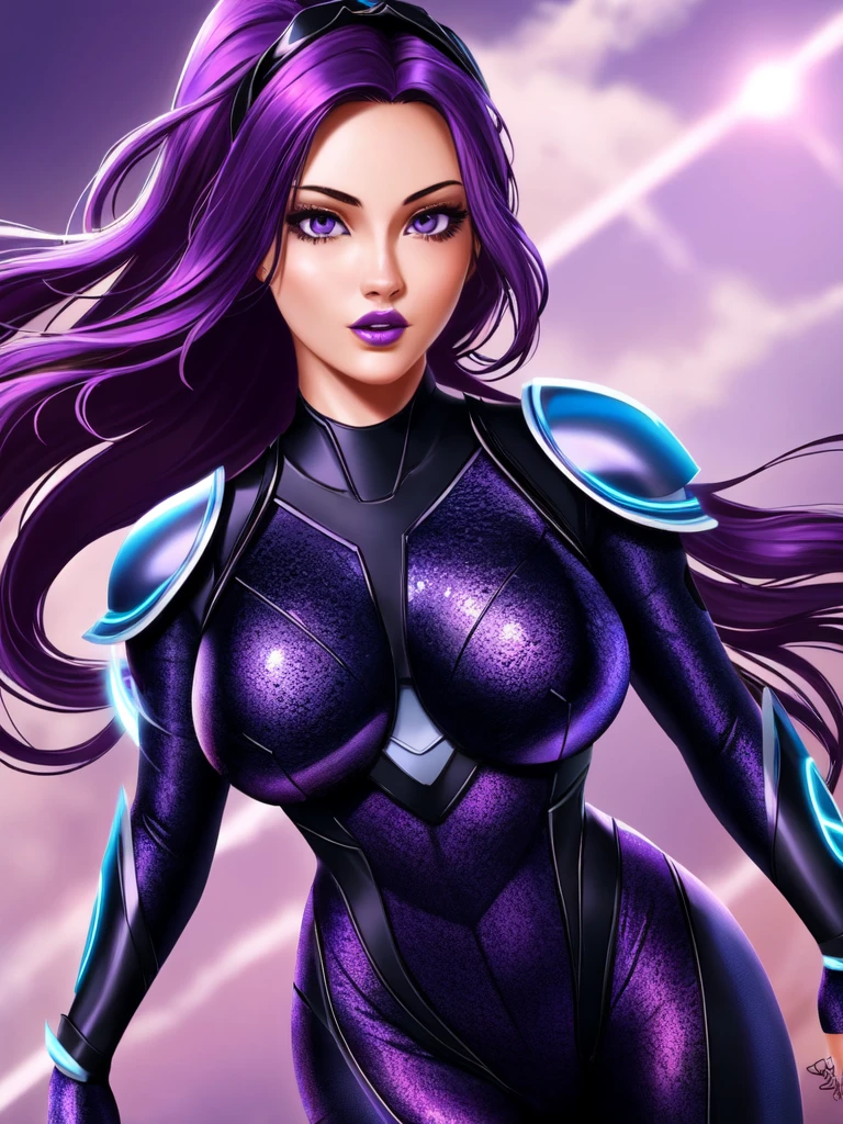 Spid3rxPsylocke, 1girl, solo, long hair, purple eyes, purple hair, armor, bodysuit, purple lips, spider (symbol)
