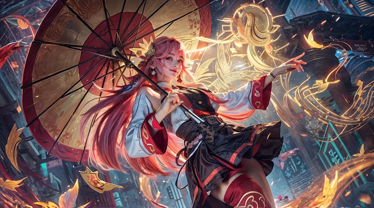 kpop idol, yae miko, detached sleeves, bare shoulders, pink hair, long hair, japanese clothes, best quality, (painting:1.5), (hair ornament:1.35), jewelry, purple eyes, earrings, breasts, torii, cherry blossoms, lantern light, depth of field face focus, ribbon_trim, (looking at viewer:1.25), nontraditional miko, shiny skin, long sleeves, smile, thick lips, hands on lips, east asian architecture, (blurry background:1.2), sitting, upper body,((ultra high res, 8k, RAW photo, best quality, masterpiece:1.47746,realistic:1.4, photo-realistic:1.4,cinematic lighting:1,intricate details:1,raw photo:1))(((ultra-detailed:1.47746))),professional lighting,((physically-based rendering:1)), ((ruddy skin:1,sweat))lens flare,ray tracing ,(extremely detailed face, beautiful detailed eyes,expressive hair:1.5,shiny hair;1)cinematic lighting,(vivid expression) (body muscle:1) solo(1girl:1.5)((smiling:1),(plump figure:1,blance body:1)(realistic hand,realistic clothes)
