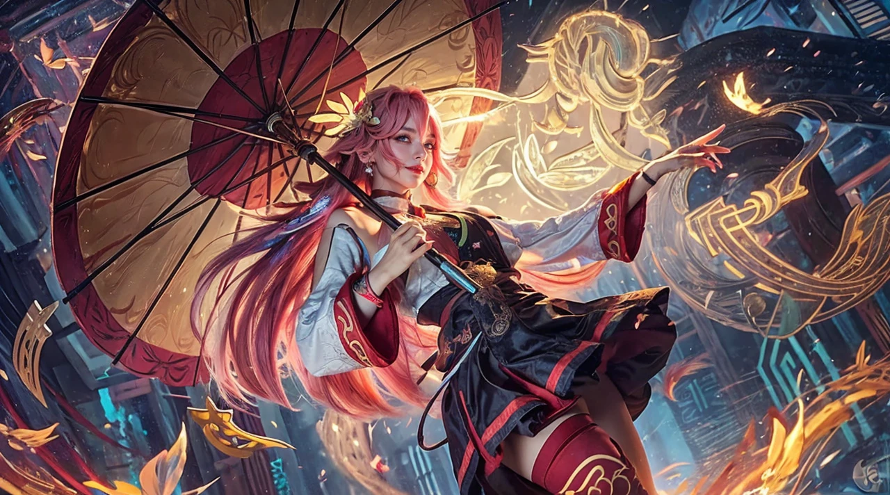 kpop idol, yae miko, detached sleeves, bare shoulders, pink hair, long hair, japanese clothes, best quality, (painting:1.5), (hair ornament:1.35), jewelry, purple eyes, earrings, breasts, torii, cherry blossoms, lantern light, depth of field face focus, ribbon_trim, (looking at viewer:1.25), nontraditional miko, shiny skin, long sleeves, smile, thick lips, hands on lips, east asian architecture, (blurry background:1.2), sitting, upper body,((ultra high res, 8k, RAW photo, best quality, masterpiece:1.47746,realistic:1.4, photo-realistic:1.4,cinematic lighting:1,intricate details:1,raw photo:1))(((ultra-detailed:1.47746))),professional lighting,((physically-based rendering:1)), ((ruddy skin:1,sweat))lens flare,ray tracing ,(extremely detailed face, beautiful detailed eyes,expressive hair:1.5,shiny hair;1)cinematic lighting,(vivid expression) (body muscle:1) solo(1girl:1.5)((smiling:1),(plump figure:1,blance body:1)(realistic hand,realistic clothes)