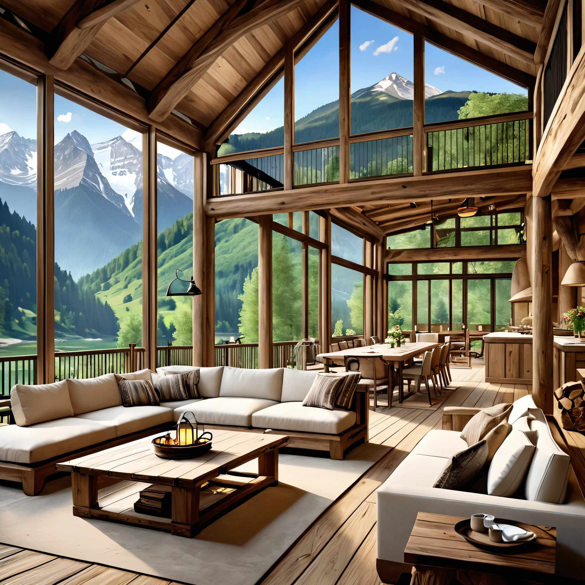 Generate a traditional mountain chalet with a picturesque view of the mountains and river. The setting should include a wooden deck with classic, comfortable seating, rustic wooden tables, and traditional decor elements. Use warm lighting to create a cozy and inviting atmosphere. The surroundings should feature dense greenery and a peaceful river, capturing the essence of a traditional alpine retreat. The design should be timeless, reflecting the charm and comfort of a mountain lodge.