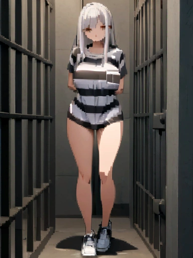 an anime woman 30 years with her arms behind her back, dressed as a prisoner, in a cell, 1 woman, full body, alone, long hair, looking at viewer, shirt, brown eyes, white hair, loose hair, posing, wearing t-shirt striped, with horizontal stripes, black and white striped shirt, big breasts, long sleeves, with (arms behind the back), no pants, bare legs, white sneakers.