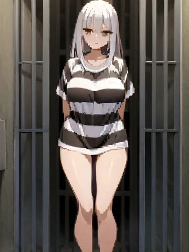 an anime woman 30 years with her arms behind her back, dressed as a prisoner, in a cell, 1 woman, full body, alone, long hair, looking at viewer, shirt, brown eyes, white hair, loose hair, posing, wearing t-shirt striped, with horizontal stripes, black and white striped shirt, big breasts, long sleeves, with (arms behind the back), no pants, bare legs, white sneakers.