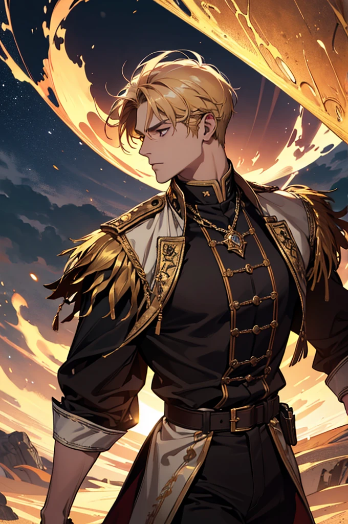 (absurdres, highres, ultra detailed), 1 male, adult, handsome, tall muscular guy, broad shoulders, finely detailed eyes and detailed face, fantasy, dark theme, cinematic lighting, colorful, portrait, giant sun, cloudy sky, apollo, sun, light, dutch angle,side profile, cowboy shot, golden hair, burning, golden flames, white and red uniform, short hair, standing in front of sun