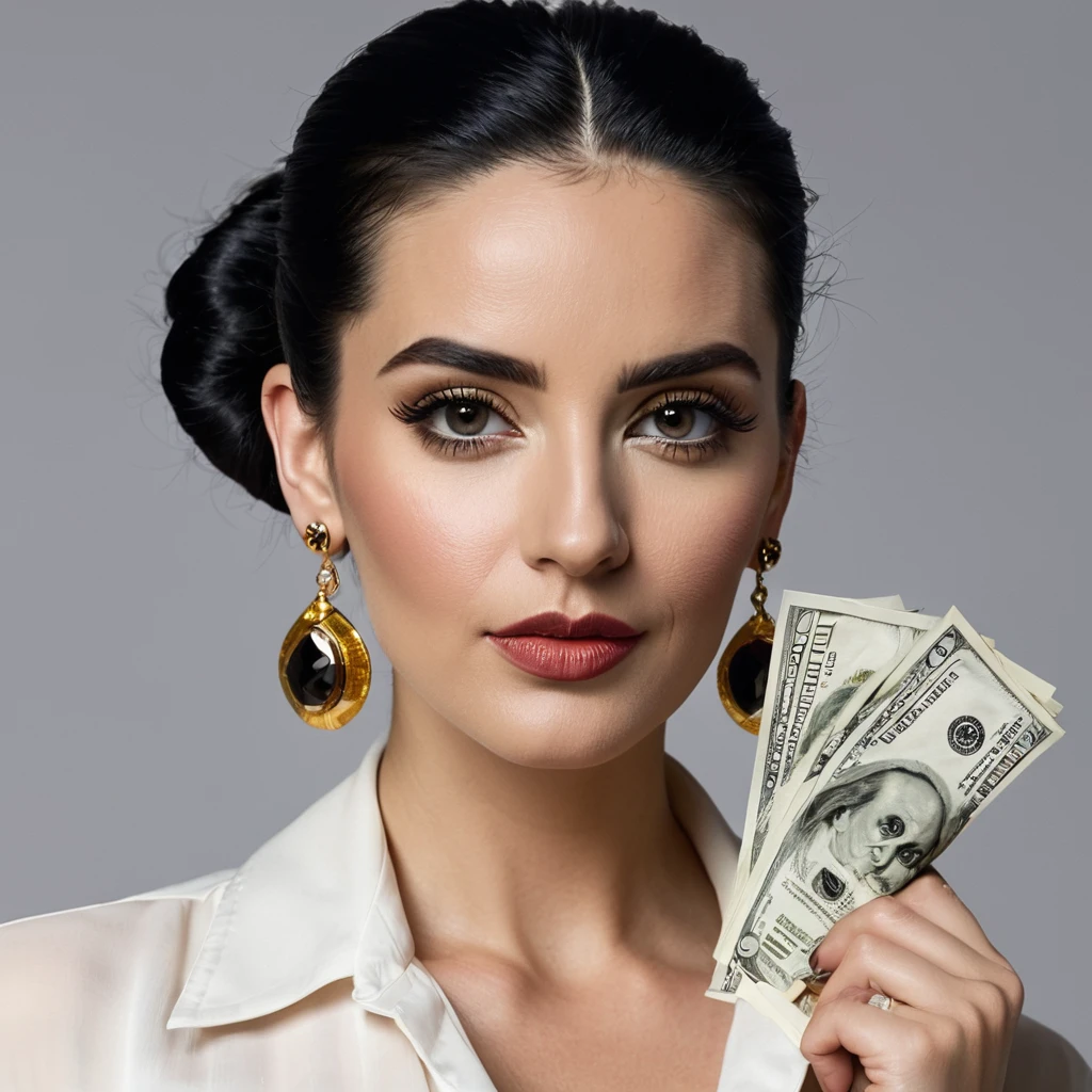 white woman, small facial hair, big nose, makeup, black hair tied back, , thick and well-groomed, black eyes, seductive and proud look, large golden earrings, holds dollar bills
