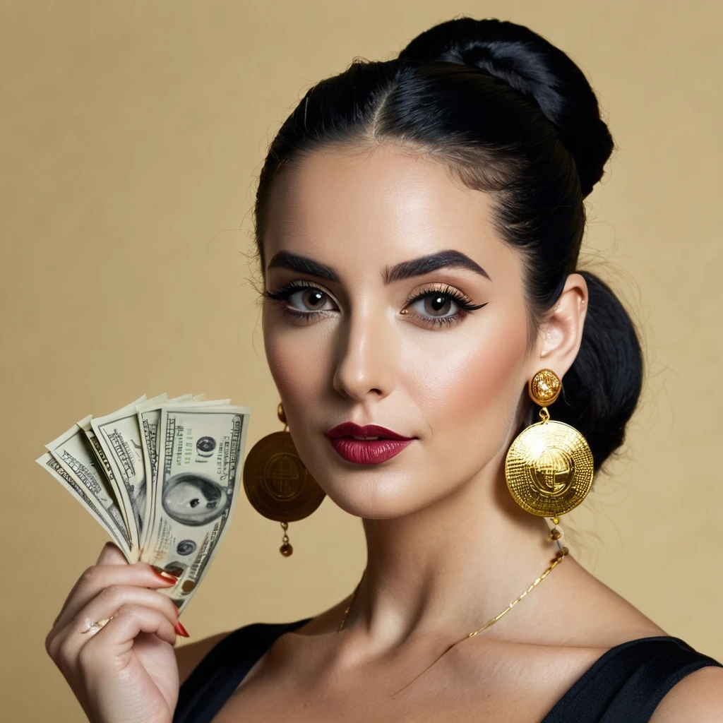 white woman, small facial hair, big nose, makeup, black hair tied back, , thick and well-groomed, black eyes, seductive and proud look, large golden earrings, holds dollar bills