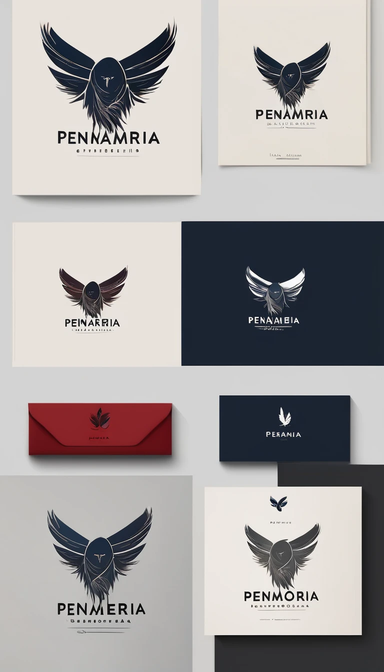 A minimal, modern, simple, cinematic logo design e of a boy with a head full of feathers for the brand “Penamemoria" .