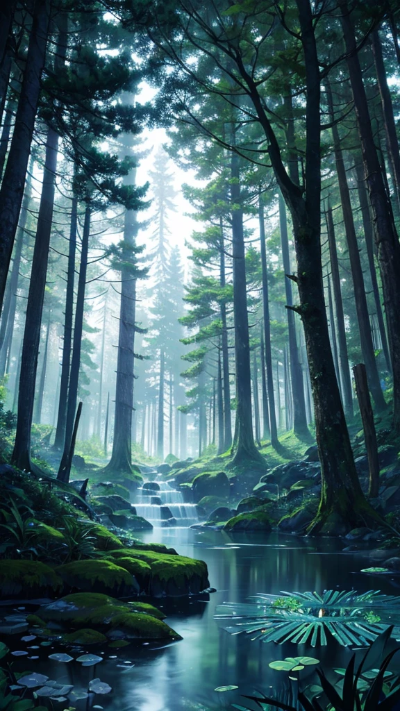 Enchanting forest under the moonlight: A dense forest containing tall trees and lush green leaves, interspersed with silver rays of the moon that reflect on a small pool of water in the middle of the forest, creating a peaceful, enchanting atmosphere. HD 4K