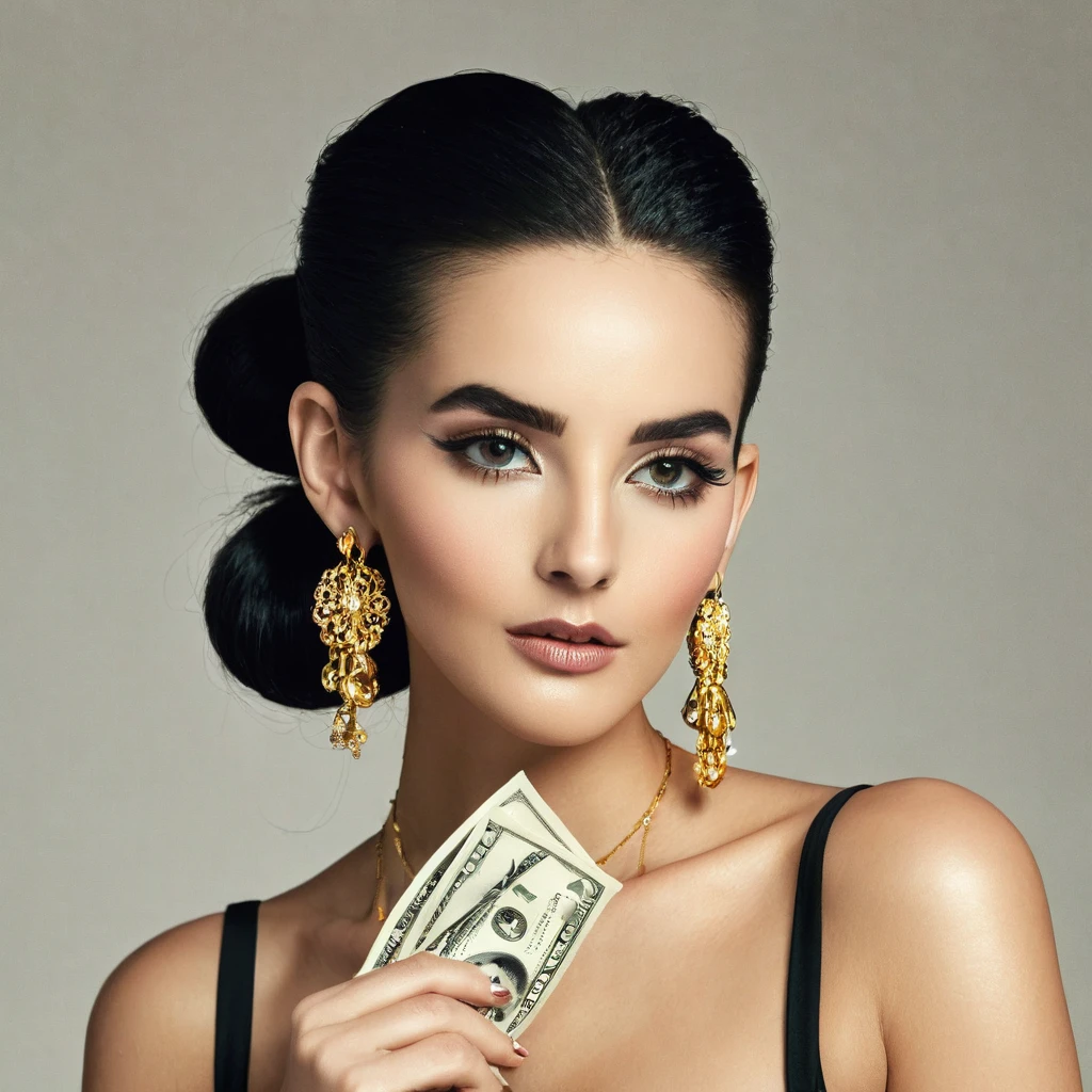 white woman, small facial hair, big nose, makeup, black hair tied back, , thick and well-groomed, black eyes, seductive and proud look, large golden earrings, holds dollar bills