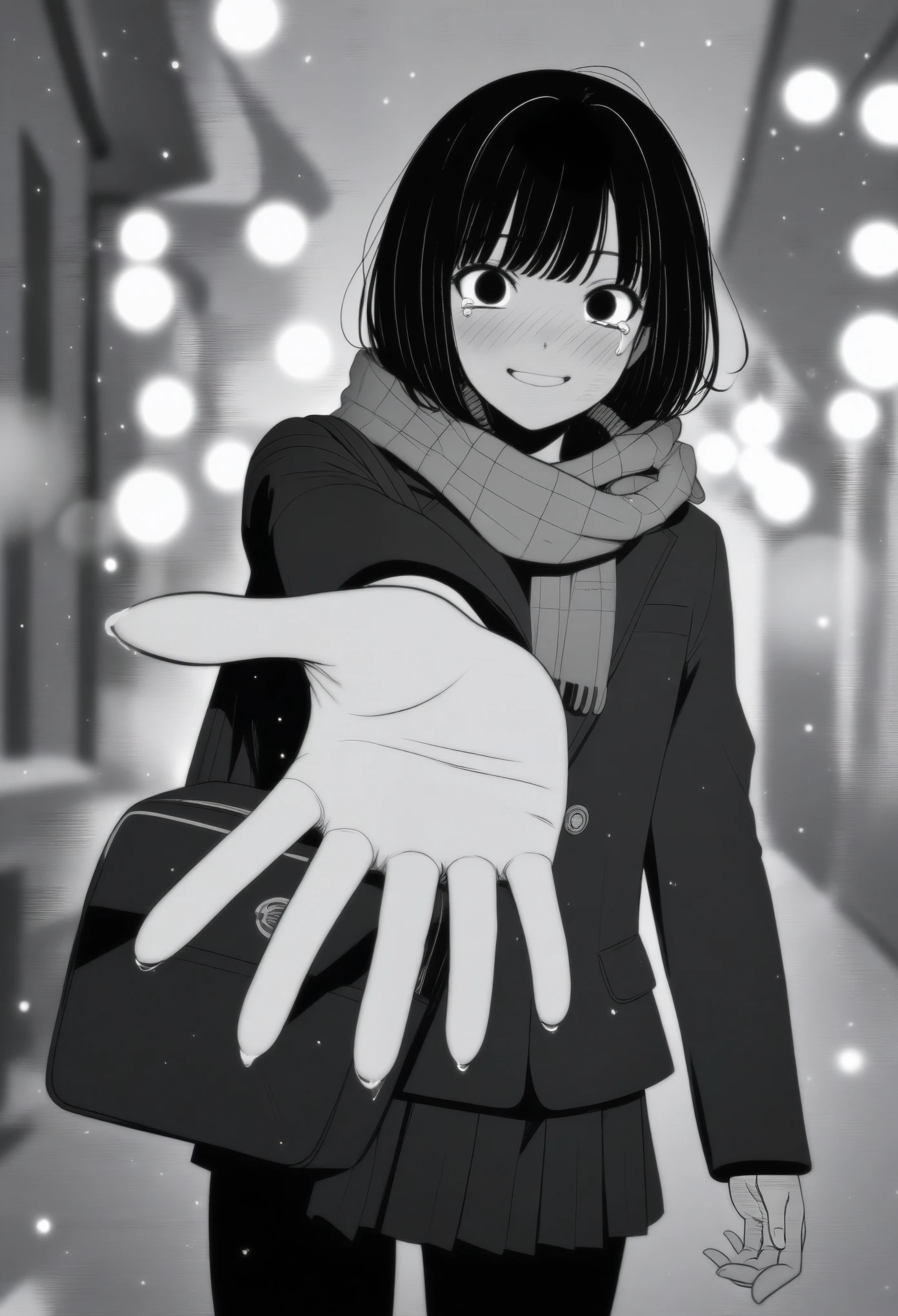 masterpiece, best quality, 1girl, mamerakkkkko, grayscale, manga style, japanese, chi no wadachi, black eyes, street, iced, black hair, schoolbag, smile, lineart, black coat, black scarf, black pleated skirt, leggins, centered, 18 years old, tall, fair skinned, bokeh background, crying, tears, tears streaming, bob cut, light particles, centered, snowing, (((reaching out a hand to viewer, perfect hand, detailed hand:1.1))
