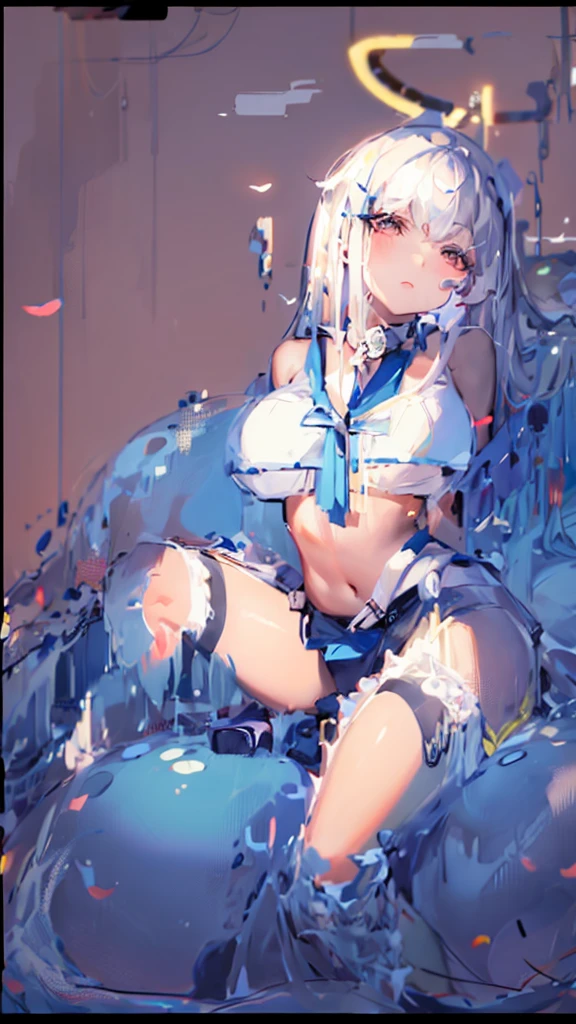 (((Masterpiece))),(((best quality))),((Ultra Detail)),(Ultra-clear)，Tentacles，Angel Maiden，Wear revealing clothing，White long straight hair，Wearing a collar around the neck，Charming long legs