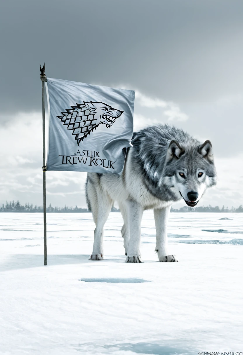 The banner of house stark: "A grey direwolf on an ice-white field"
