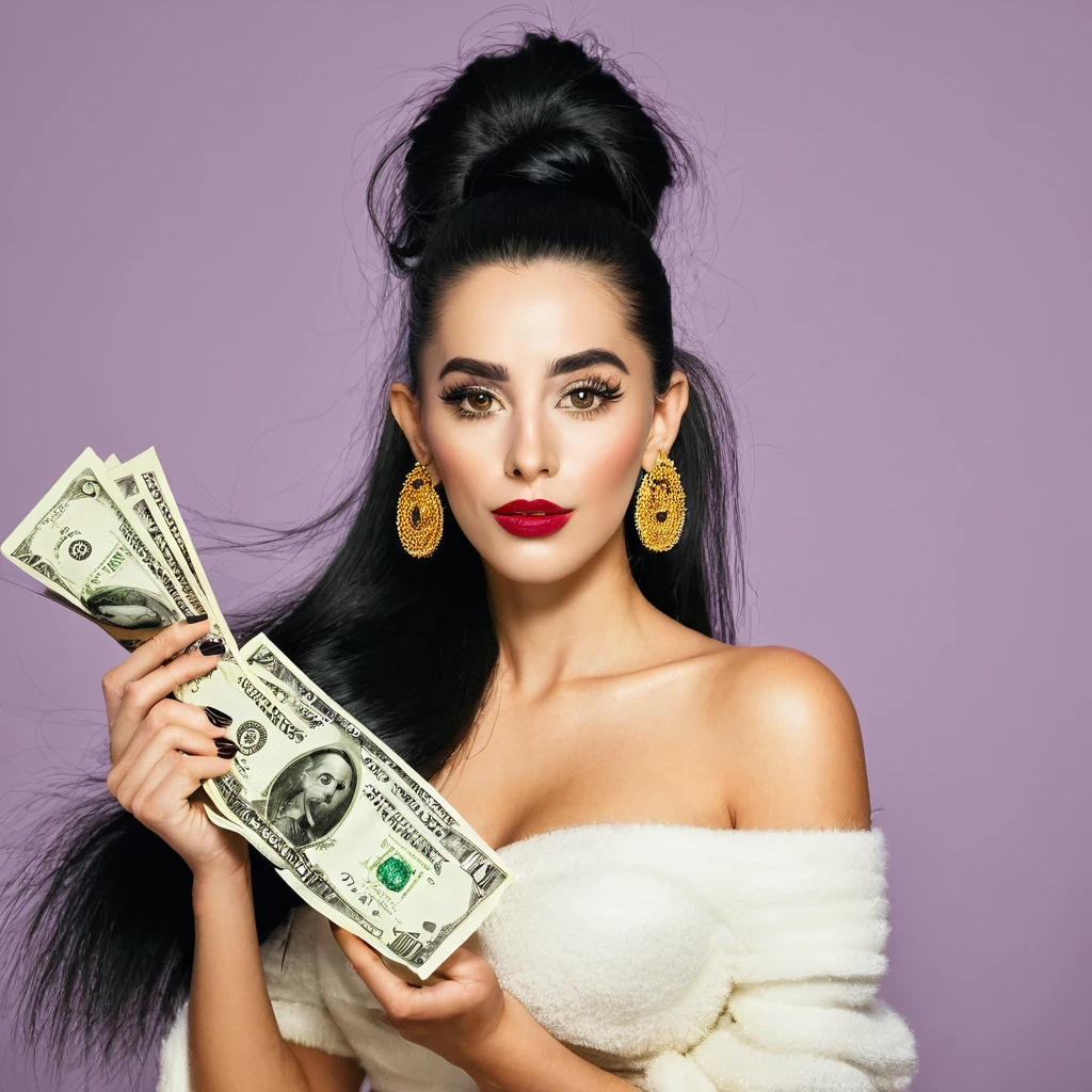 white woman, fluffy beard, big nose, makeup, black hair tied back, , thick and well-groomed, black eyes, seductive and proud look, large golden earrings, holds dollar bills