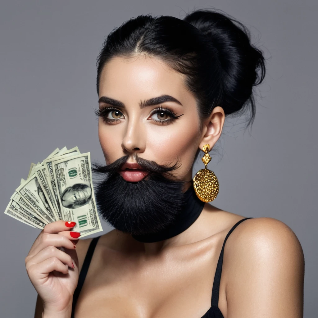 white woman, fluffy beard, big nose, makeup, black hair tied back, , thick and well-groomed, black eyes, seductive and proud look, large golden earrings, holds dollar bills