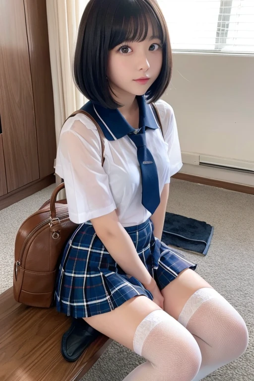 high school girl、Bob Hair、mini skirt、stockings、See-through、sit
