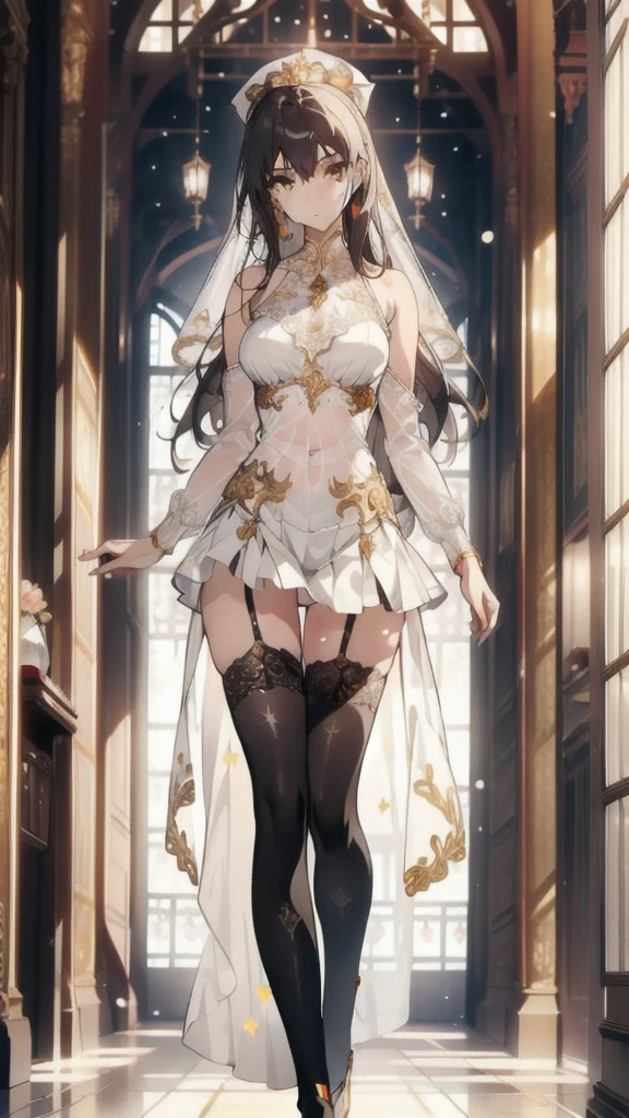 ((masterpiece, best quality)), Delicate face，priest，whole body，Standing picture，Long legs，natural breast，Perfect body proportions，Pretty golden eyes，Extremely beautiful，transparent， Pure white background，Erotic_lingerie,sexly_比基尼，Lace，Garter stockings