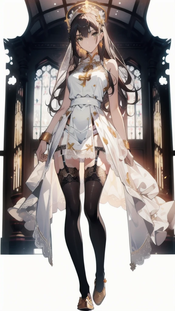 ((masterpiece, best quality)), Delicate face，priest，whole body，Standing picture，Long legs，natural breast，Perfect body proportions，Pretty golden eyes，Extremely beautiful，transparent， Pure white background，Erotic_lingerie,sexly_比基尼，Lace，Garter stockings